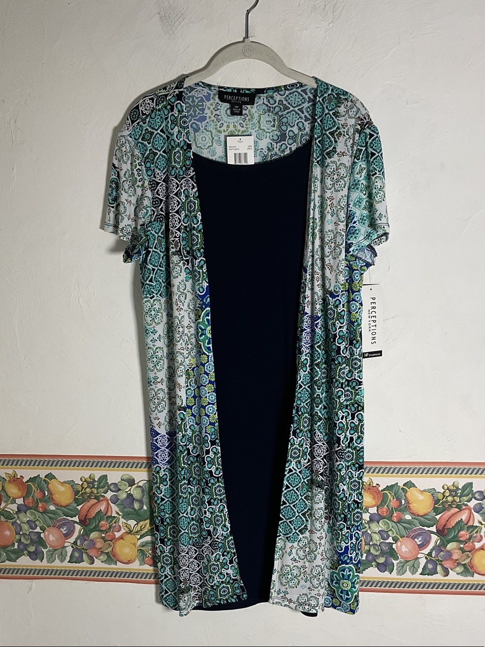 Perceptions Petite Mock Jacket Dress Navy Aqua Mosaic Tile 2-in-1 Size 14P NWT
